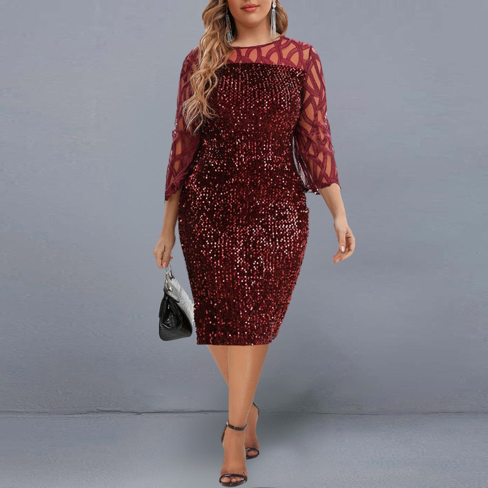 Women&#39;s Summer Dress Elegant Sequin Evening Party Dresses Mesh Patchwork Casual Midi Dress Wine Red Wedding Club Outfits