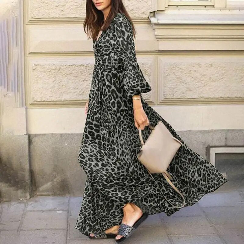 Women Spring Puff Sleeve Maxi Long Sundress Fashion Sexy Leopard Printed Party Dress V Neck High Waist Holiday