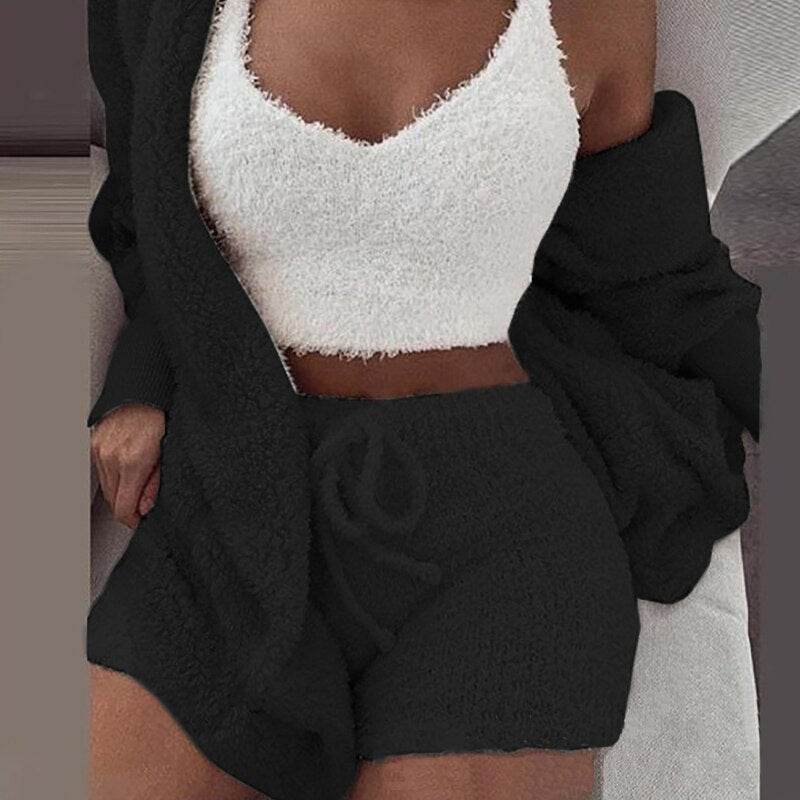 Three Piece Sexy Fluffy Outfits Plush Velvet Hooded Cardigan Coat+Shorts+Crop Top Women Tracksuit Sets Casual Sports Sweatshirt