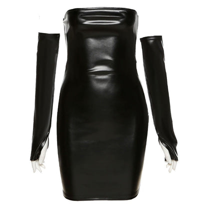 Y2K Leather With Gloves Party Dress Women's Backless Sexy Low Cut Clubwear Skinny Black Bodycon Mini Dresses Female