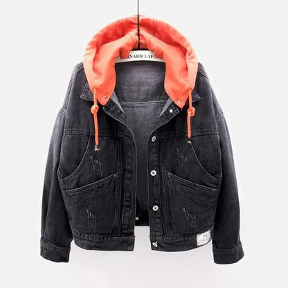 Blue Deconstructable Hooded Turn-down Collar Denim Jacket Women Loose Button Patchwork Outwear Jean Coat Female