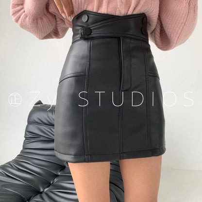 Autumn winter short PU leather skirt women Japanese black high waist pocket pleated JK skirt girls Harajuku style mini skirt