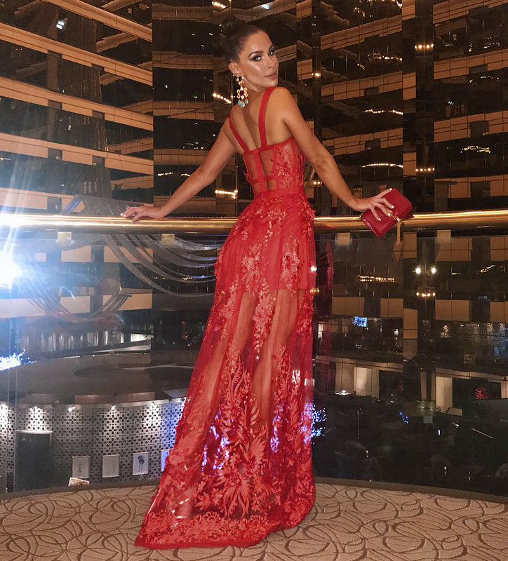 High Quality Red Lace Sleeveless Hollow Out Long Rayon Bandage Dress Evening Party Cute Dress   dingdamall mid size graduation outfit romantic style teen swag clean girl ideas 90s latina aesthetic