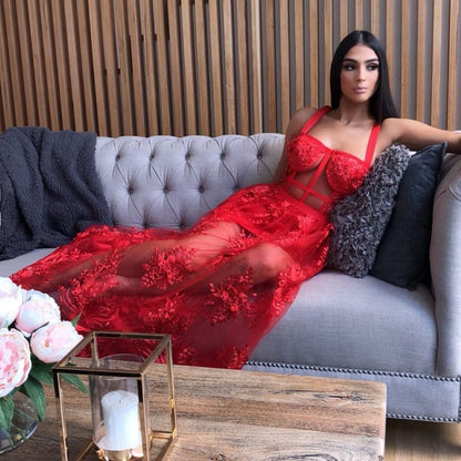 High Quality Red Lace Sleeveless Hollow Out Long Rayon Bandage Dress Evening Party Cute Dress   dingdamall mid size graduation outfit romantic style teen swag clean girl ideas 90s latina aesthetic