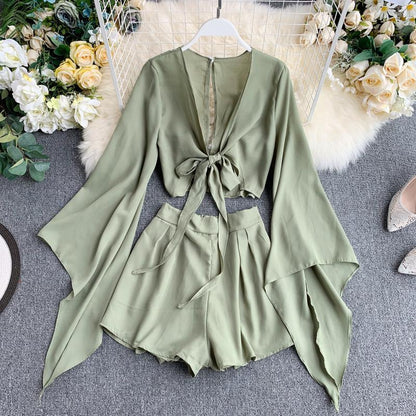 New Summer 2 Piece Outfits For Women Flare Sleeve Crop Top + Broad-legged Shorts Fashion Ladies Sexy Solid Chiffon Suit Set