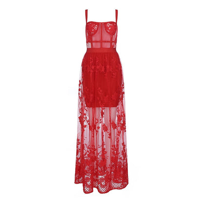 High Quality Red Lace Sleeveless Hollow Out Long Rayon Bandage Dress Evening Party Cute Dress   dingdamall mid size graduation outfit romantic style teen swag clean girl ideas 90s latina aesthetic