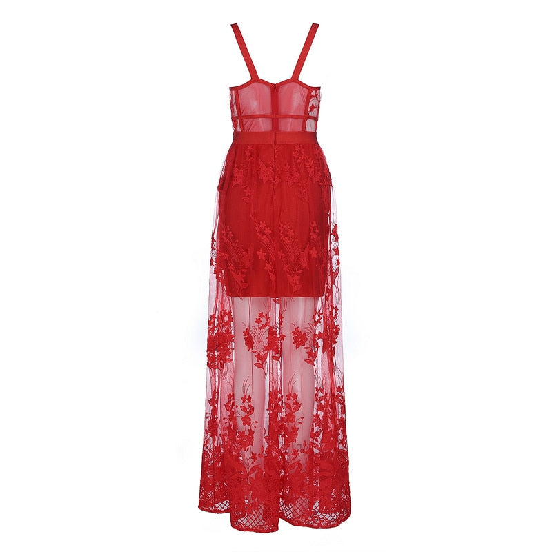 High Quality Red Lace Sleeveless Hollow Out Long Rayon Bandage Dress Evening Party Cute Dress   dingdamall mid size graduation outfit romantic style teen swag clean girl ideas 90s latina aesthetic