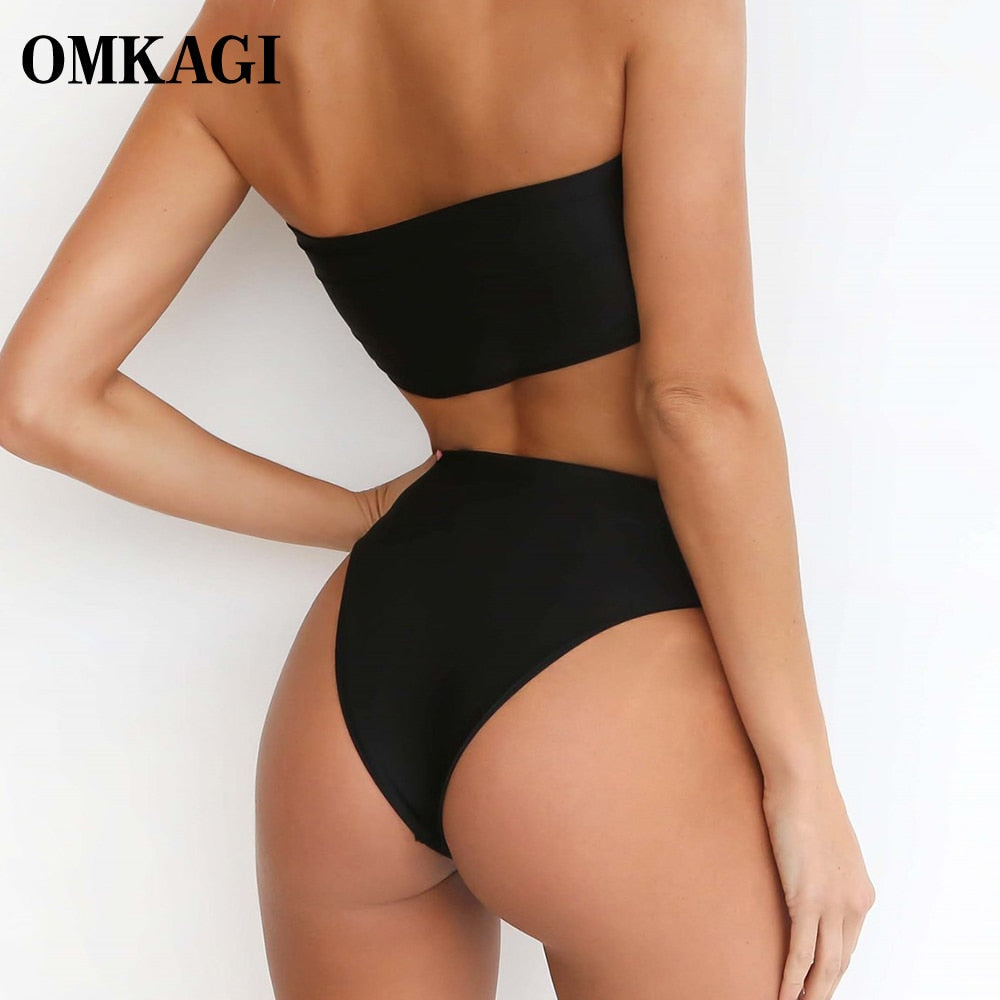 Bandeau Swimwear Women Solid Bikini High Waist Swimsuit Swimming Bathing Suit Biquini Maillot De Bain Femme