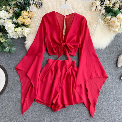 New Summer 2 Piece Outfits For Women Flare Sleeve Crop Top + Broad-legged Shorts Fashion Ladies Sexy Solid Chiffon Suit Set