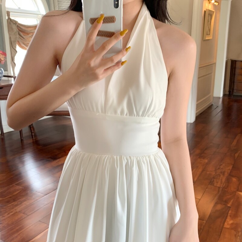 White Elegant Halter Dress Women Sexy Backless Korean Party Midi Dress Female Sleeveless V-neck Vintage Dresses for Women