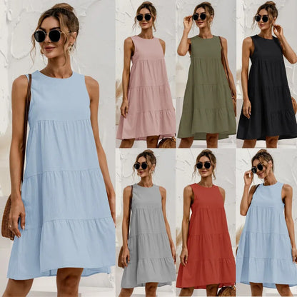 Summer Women Vest Dress Cotton O-Neck Sleeveless Solid Midi Dress Stitching Large Swing Casual Loose Sundress Vestidos