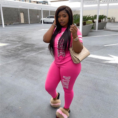 Casual 2 Piece Set Plus Size Women Tracksuit 3xl Pink Letter Print Tops + Biker Shorts Matching Sets Streetwear Outfits 3XL