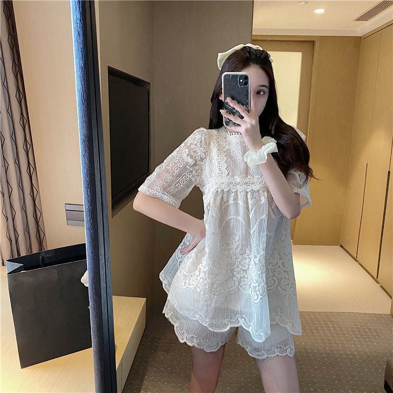 Shorts T-shirt 2-Piece Sets Women Temperament French Style Casual Soft All-match Loose Sweet Breathable Fashion Summer New Lace