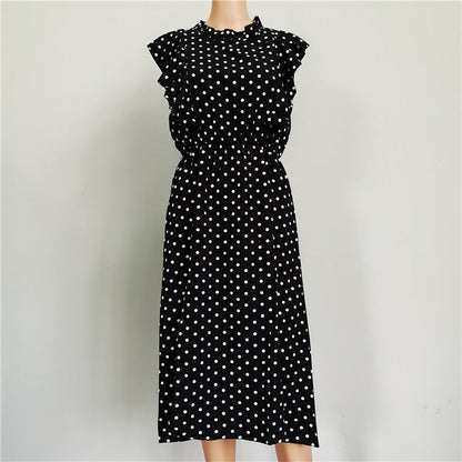 Summer Ladies Elegant Dot Print Chic Dress Women Butterfly Sleeve Ruffles Medium Long Chiffon Dress