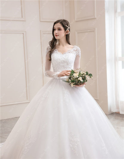 Wedding Dress Luxury Full Sleeve Sexy V-neck Bride Dress With Train Ball Gown Princess Classic Wedding Gowns