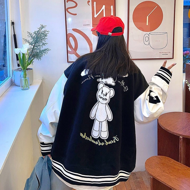 American streetwear jacket loose women's top fashion casual stitching jacket oversized jacket bear baseball uniform women