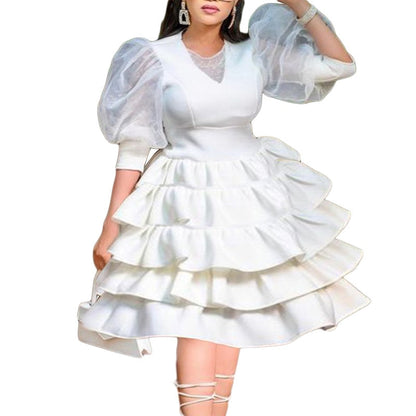 Women White Cake Dresses  Bubble Lantern Sleeves Patchwork Party Fashion Lovely Celebrate Occasion Event Lolita Female Robes New dingdamall mid size graduation outfit romantic style teen swag clean girl ideas 90s latina aesthetic