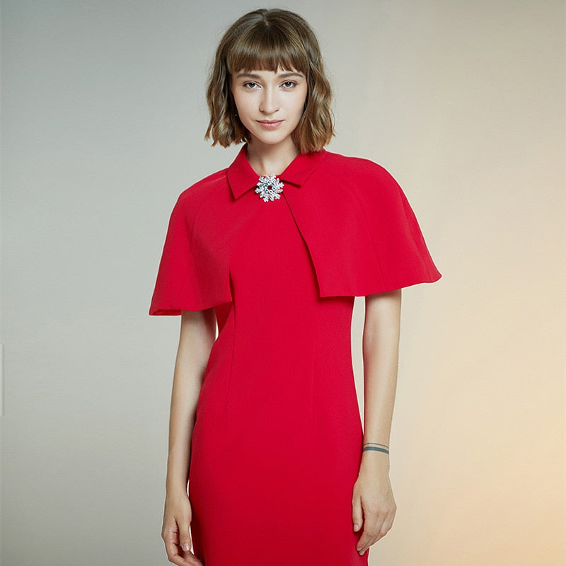 women&#39;s new style dress solid Cape slim dress short sleeve red Dress female sheath dresses