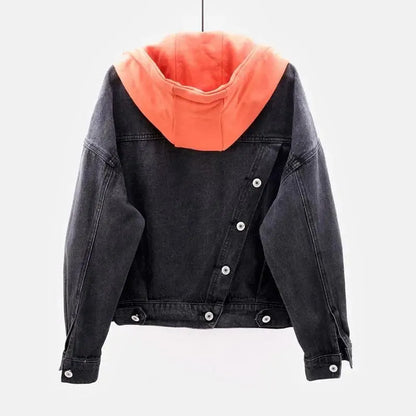 Blue Deconstructable Hooded Turn-down Collar Denim Jacket Women Loose Button Patchwork Outwear Jean Coat Female