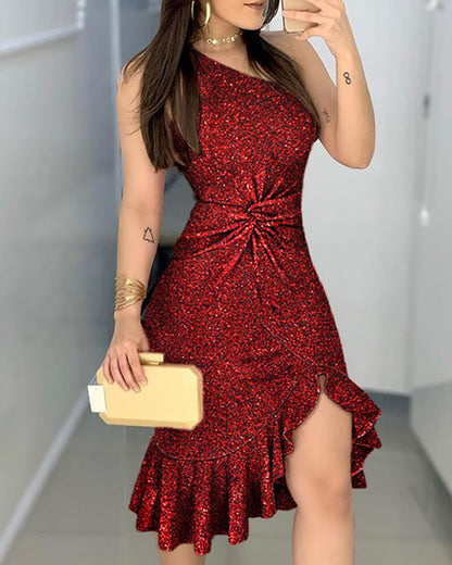 Women Spring Autumn Elegant Ruched Slit Glitter One Shoulder Sleeveless Twisted Ruffled Midi Bodycon Dress Party Cocktail