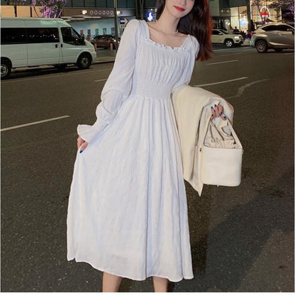 White Elegant Dress Women Square Collar Long Sleeve Dresses Vintage Autumn Fairy Robe Korean Fashion Outfits