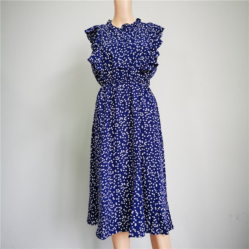 Summer Ladies Elegant Dot Print Chic Dress Women Butterfly Sleeve Ruffles Medium Long Chiffon Dress