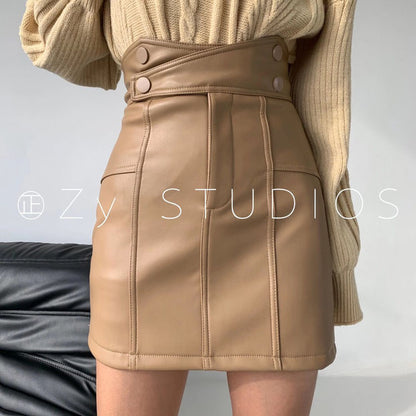 Autumn winter short PU leather skirt women Japanese black high waist pocket pleated JK skirt girls Harajuku style mini skirt