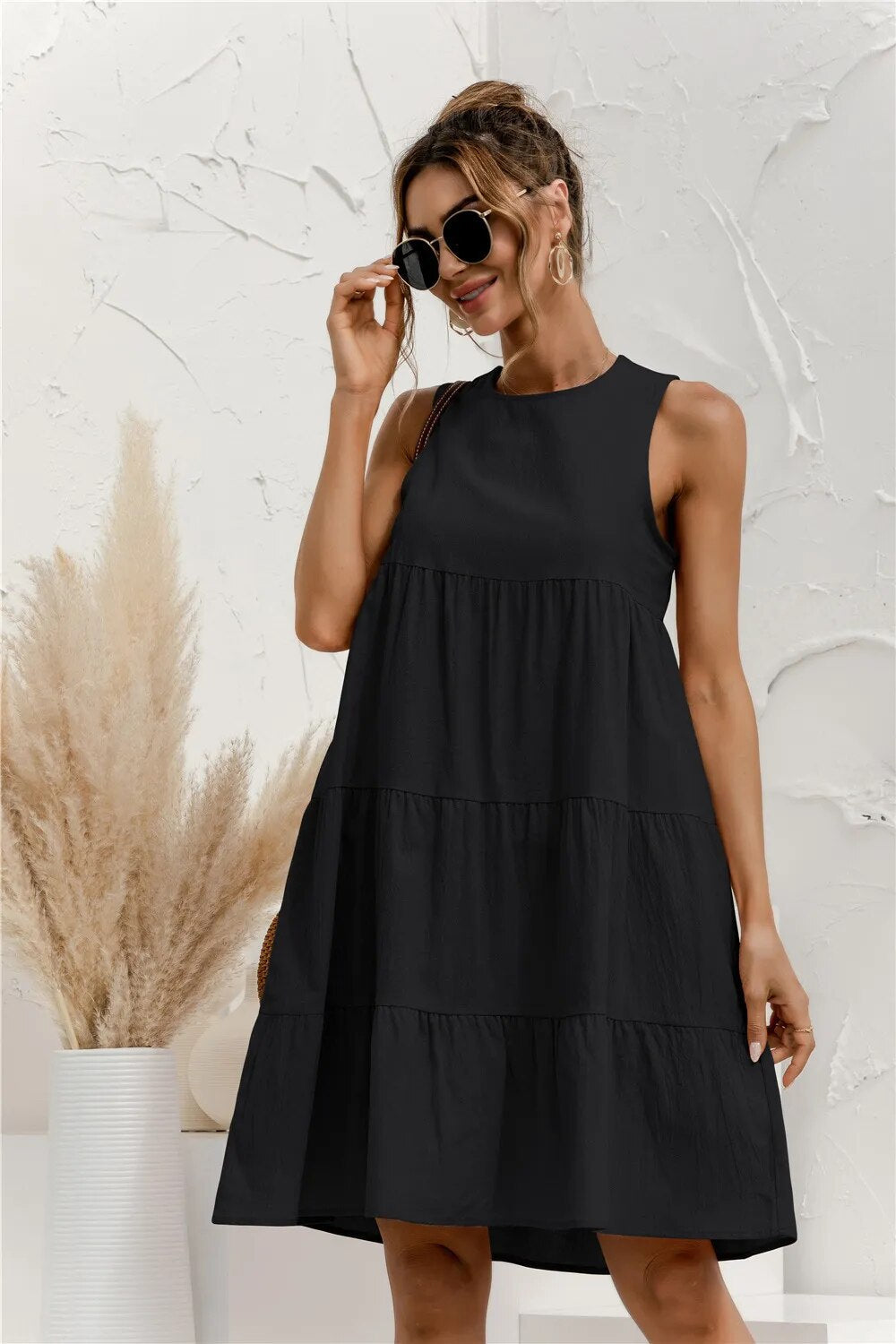 Summer Women Vest Dress Cotton O-Neck Sleeveless Solid Midi Dress Stitching Large Swing Casual Loose Sundress Vestidos