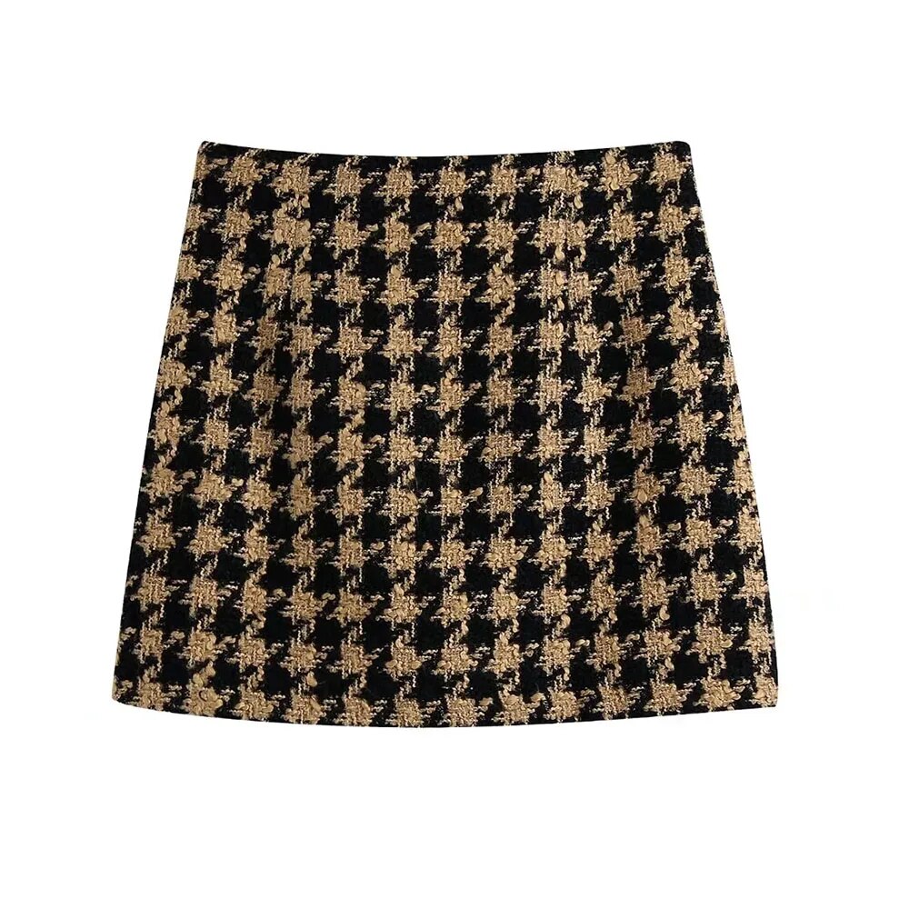 Tweed Women Two-piece Set Houndstooth Vintage Office Lady Short Blazer Female Casual Slim High Waist Skirt Suit