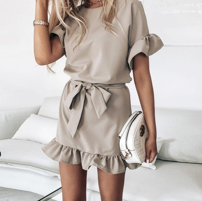 Summer Ruffles Casual Dress Women With Belt A Line White Sexy Short Sleeve Party Clothes Khaki Mini Elegant Dresses