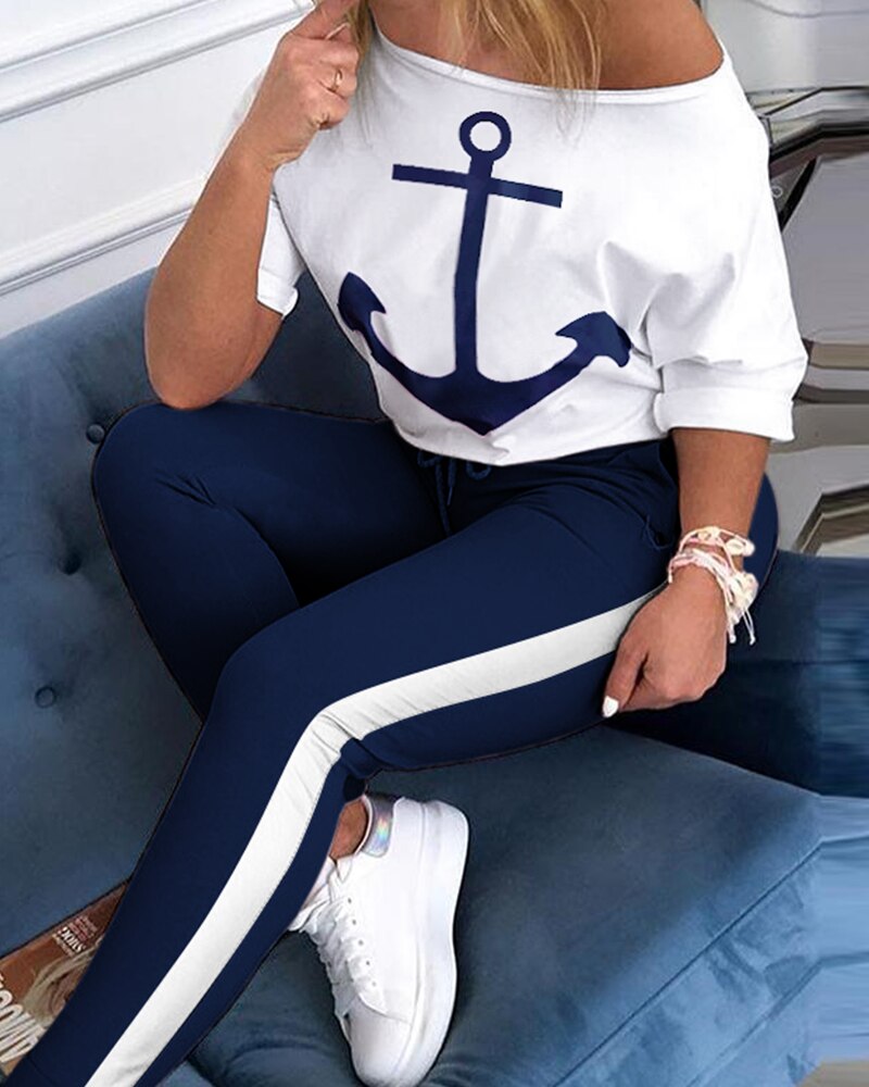 Two Piece Set Tracksuit Women Boat Anchor Print Plus Size 2 Piece Set crop top shorts Pants Femme Elastic Waist shorts for women