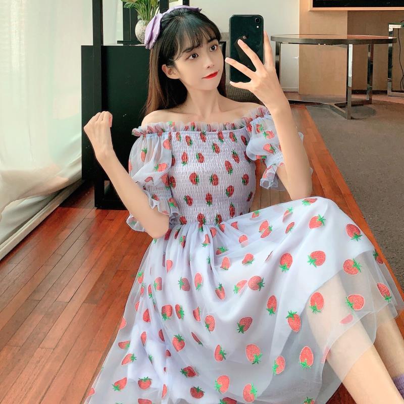 Strawberry Dress Women French Style Lace Chiffon Sweet Dress Casual Puff Sleeve Elegant Printed Kawaii Dress Women