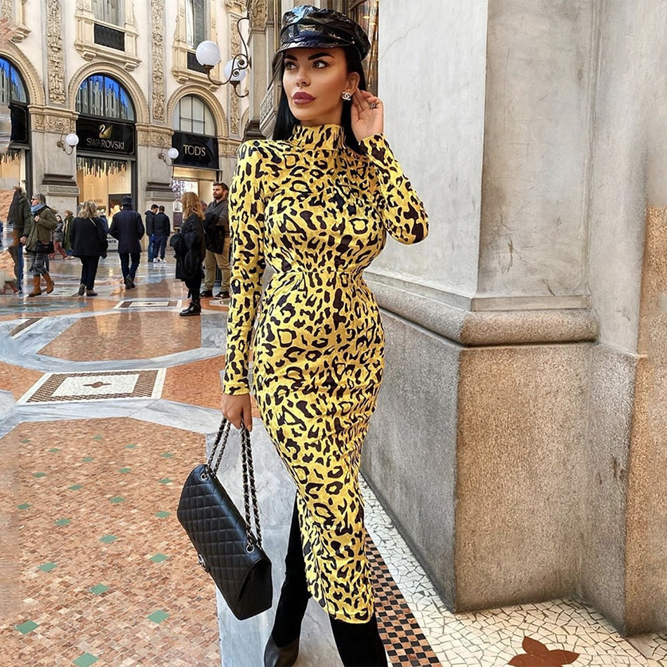 Winter New Fashion Leopard Print Long Dress Elegant Women Long Sleeve Bodycon Dress Celebrity Evening Party Runway Vestidos