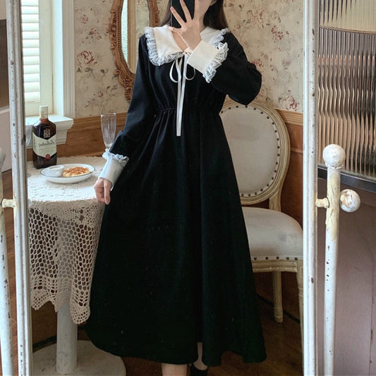 Vintage Dress Women Sweet Lace Peter Pan Collar French Elegant Long Sleeve Lace-Up Fairy One Piece Dress Korean Autumn Chic