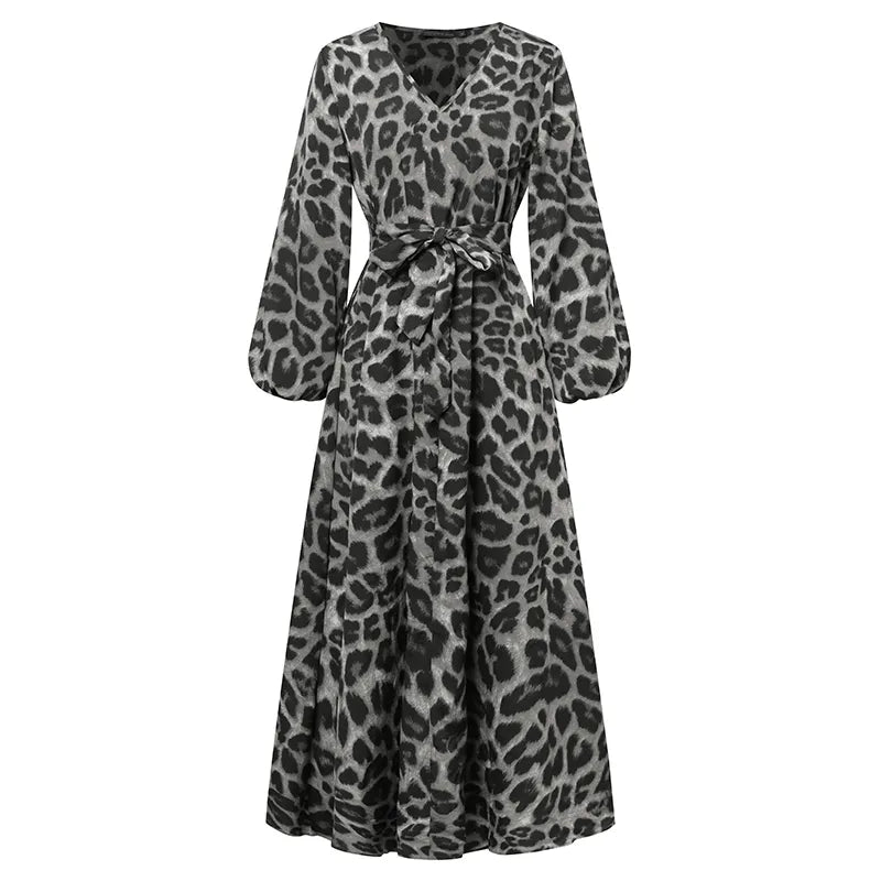 Women Spring Puff Sleeve Maxi Long Sundress Fashion Sexy Leopard Printed Party Dress V Neck High Waist Holiday