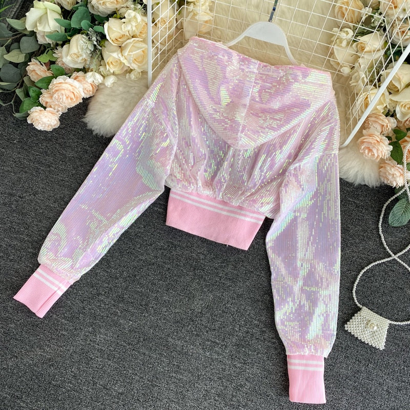 Bling Bling Sequined Short Design Summer Jacket Women Chic Hooded Bolds Sequines Jacket