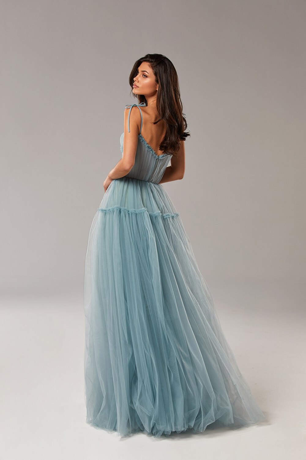 Blush Pink/Blue Long Prom Dresses Spaghetti Straps Tiered Skirt A-Line Party Dresses Ple