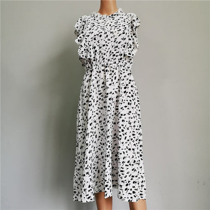 Summer Ladies Elegant Dot Print Chic Dress Women Butterfly Sleeve Ruffles Medium Long Chiffon Dress