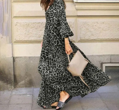 Women Spring Puff Sleeve Maxi Long Sundress Fashion Sexy Leopard Printed Party Dress V Neck High Waist Holiday