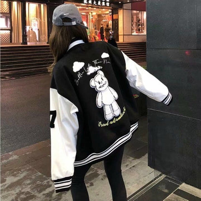 American streetwear jacket loose women's top fashion casual stitching jacket oversized jacket bear baseball uniform women