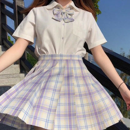 Student Dress Sweet Cute Pleated Skirt Girl's Summer High Waist Purple Plaid Mini Skirts Women JK Uniforms School