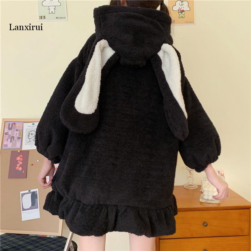 Zip Up Jacket Jacket Women Lolita Teddy Rabbit Ears Hooded Soft Girl Ruffle Faux Wool Coat Lambswool Plus Cotton Thick Outer New