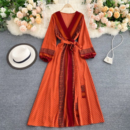 Spring Autumn Women Printed Long Dress Vintage Puff Long Sleeve High Waist A-Line Vestidos Female  New Fashion Beach Robe