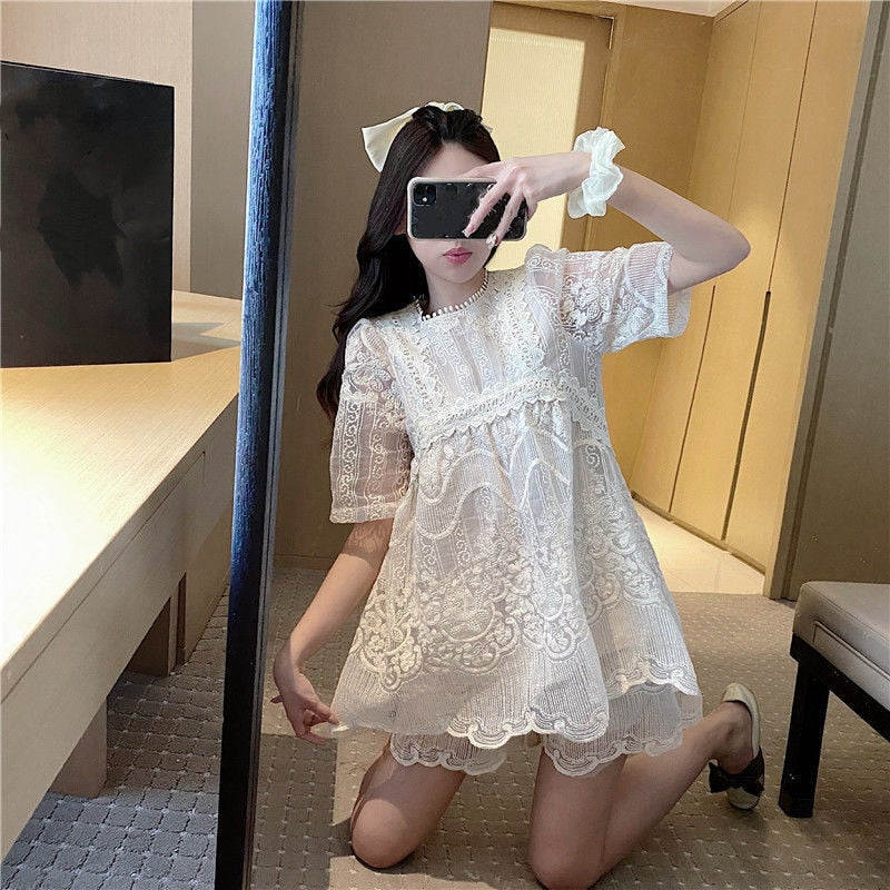 Shorts T-shirt 2-Piece Sets Women Temperament French Style Casual Soft All-match Loose Sweet Breathable Fashion Summer New Lace