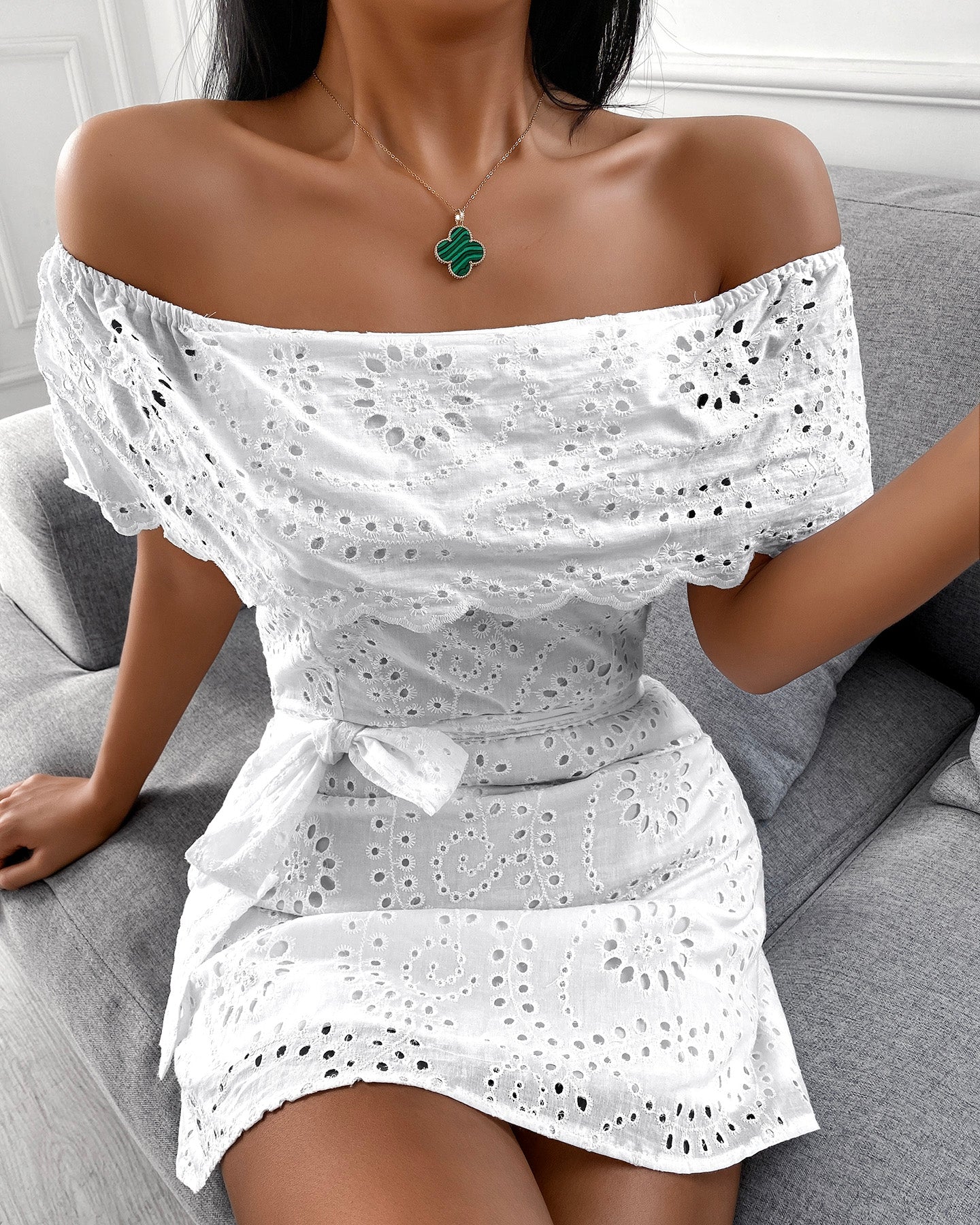 Summer Solid Off Shoulder Broderie Lace Mini White Mini Dress Skinny Bodycon With Sashes Sexy