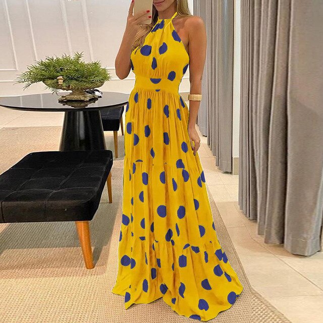 Summer Halter Sleeveless Long Dress Elegant Sexy Backless Lady Party Dress Women Casual Ruffle Polka Dot Beach Maxi Dresses