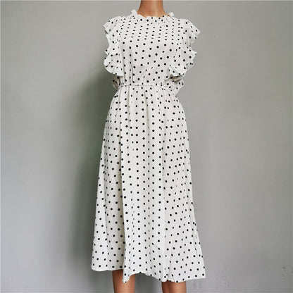 Summer Ladies Elegant Dot Print Chic Dress Women Butterfly Sleeve Ruffles Medium Long Chiffon Dress