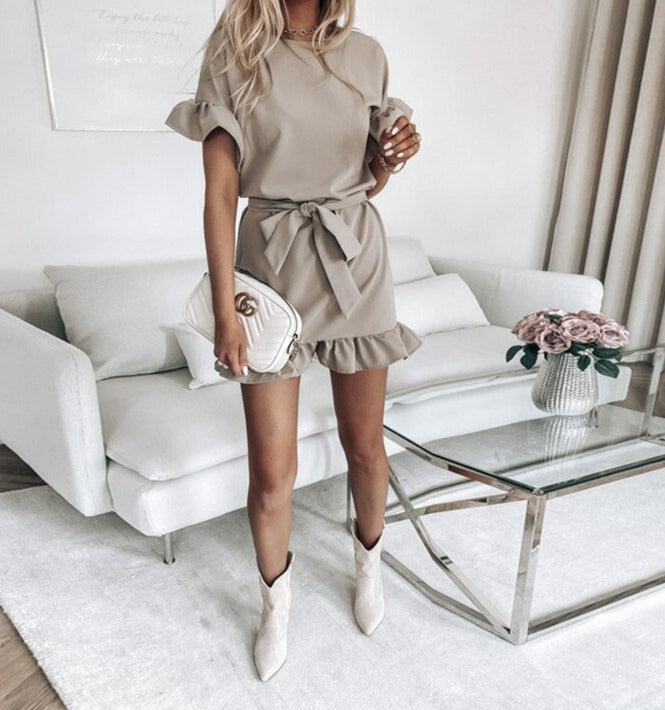 Summer Ruffles Casual Dress Women With Belt A Line White Sexy Short Sleeve Party Clothes Khaki Mini Elegant Dresses