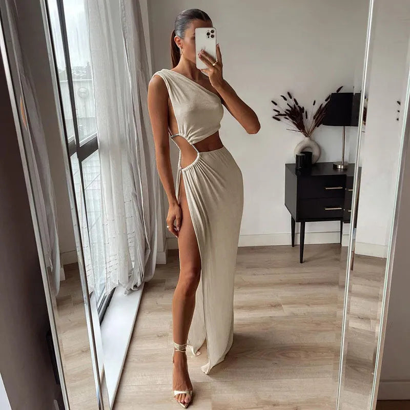 Summer Women Sexy Hollow Out Maxi Dress Spring Solid Sleeveless Split Dress One Shoulder High Waist Bodycon Party Female