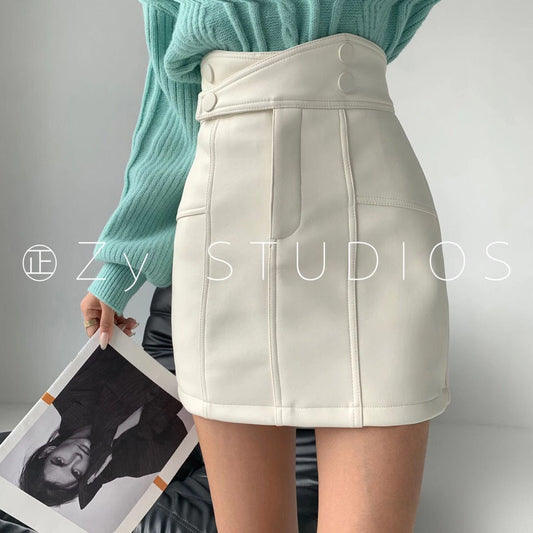 Autumn winter short PU leather skirt women Japanese black high waist pocket pleated JK skirt girls Harajuku style mini skirt